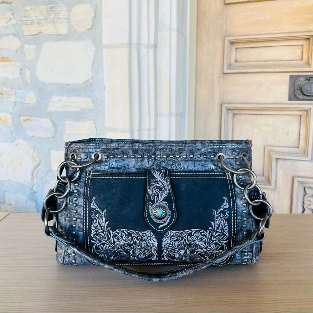 Montana west embroidery buckle black shoulder bag&wallet NWT_4